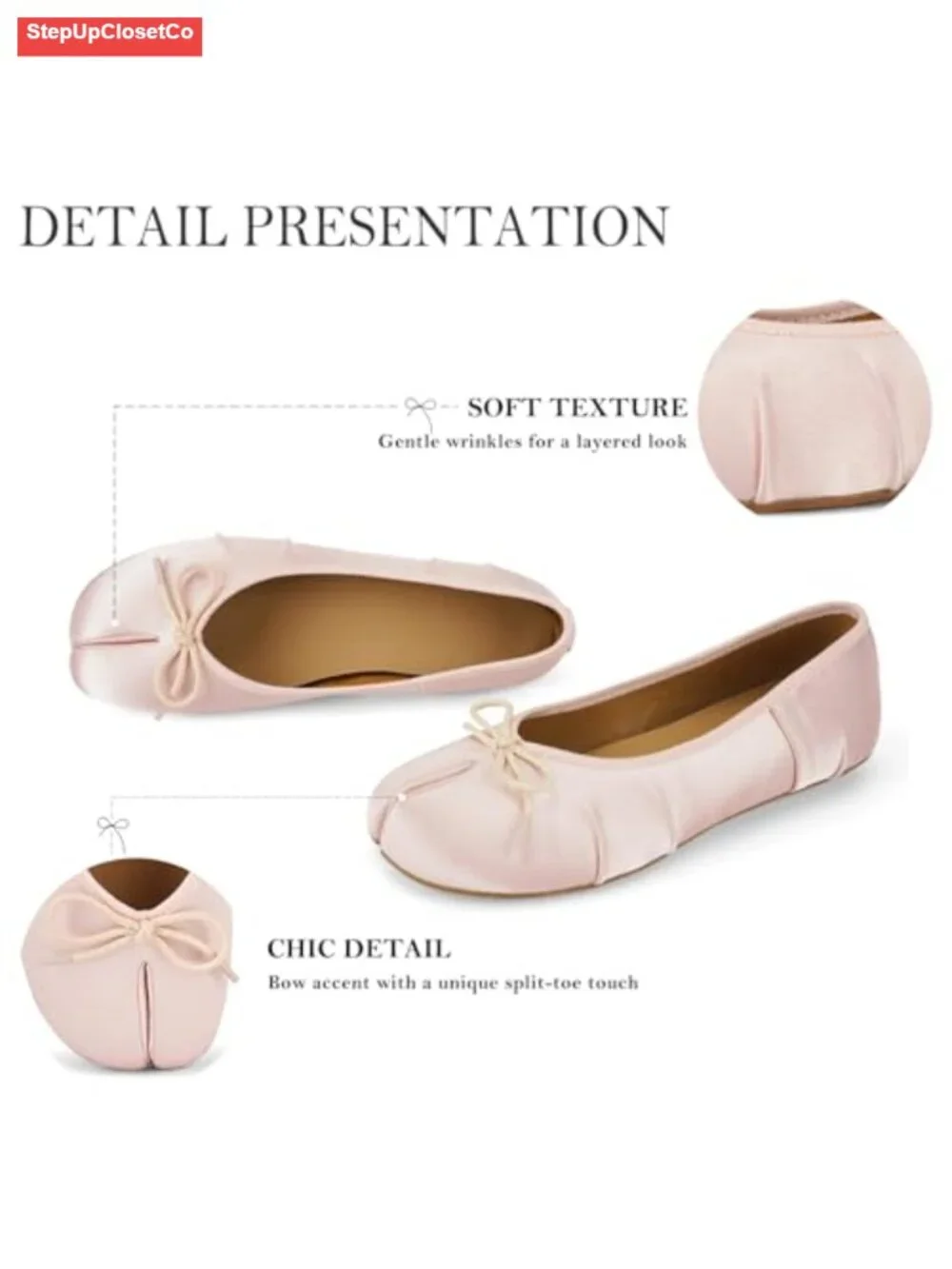 Satin Split Toe Ballet Flats Ruched Detail Bow Accent Slip On Comfort Work Shoes